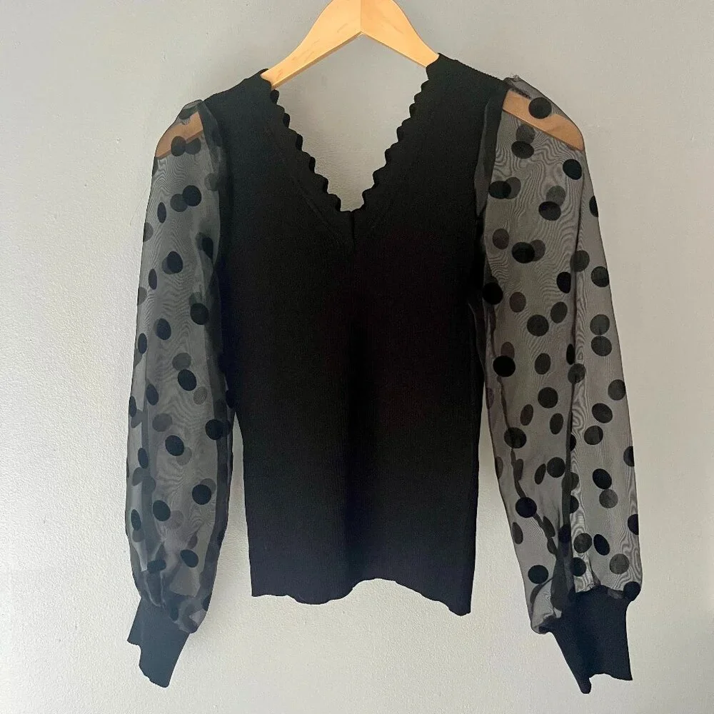 NEW Gracia Black Sheer Long Sleeve Sweater Top M - Picture 2 of 7